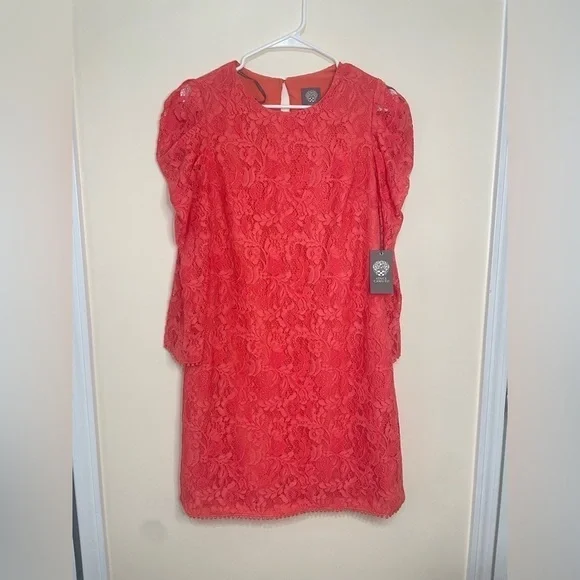 Vince Camuto Bright Coral Red Puff Sleeve MIDI Dress NWT - Picture 13 of 13